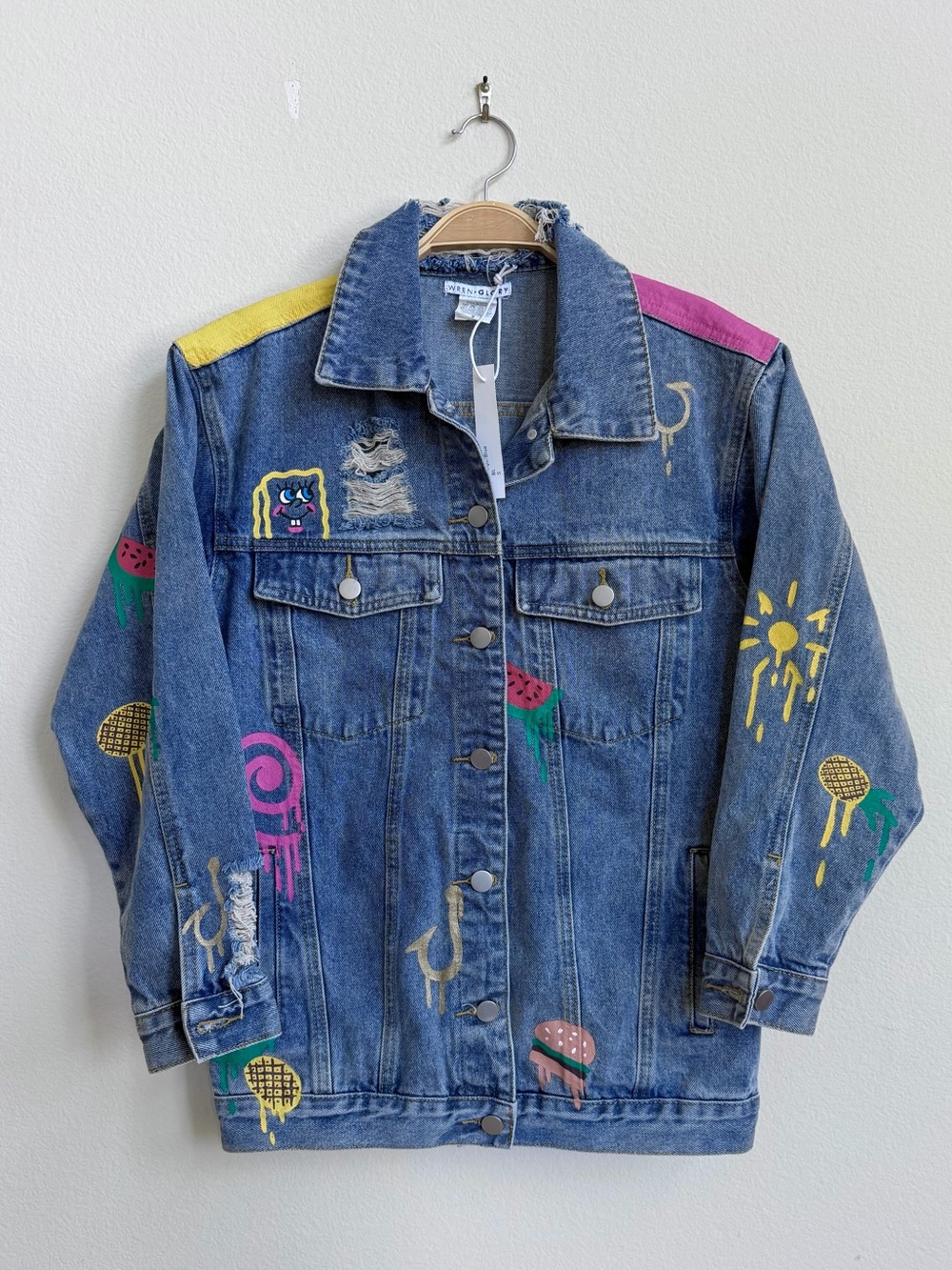 Wren + Glory x SpongeBob Hand Painted Distressed Denim Jacket NWT Size S